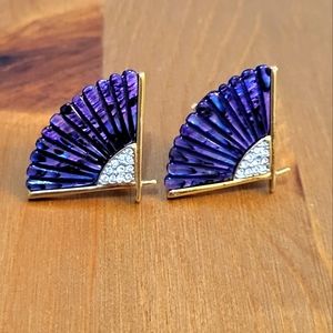 Vintage Butler abalone and rhinestone fan clip on gold tone earrings